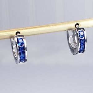 New Rhodium Plated Sterling Silver Blue CZ Pave Hoop Huggies Earrings